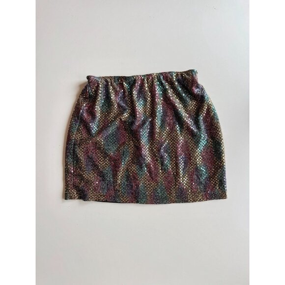 FREDERICK'S OF HOLLYWOOD Black Rainbow Stretch Sequin Mini Slip Skirt, Size M - Picture 6 of 13